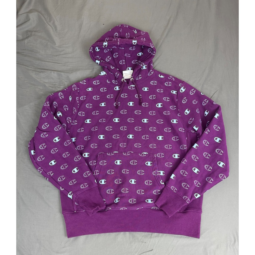 Champion Reverse Weave Hoodie Purple All Over Print Logo Mens Large